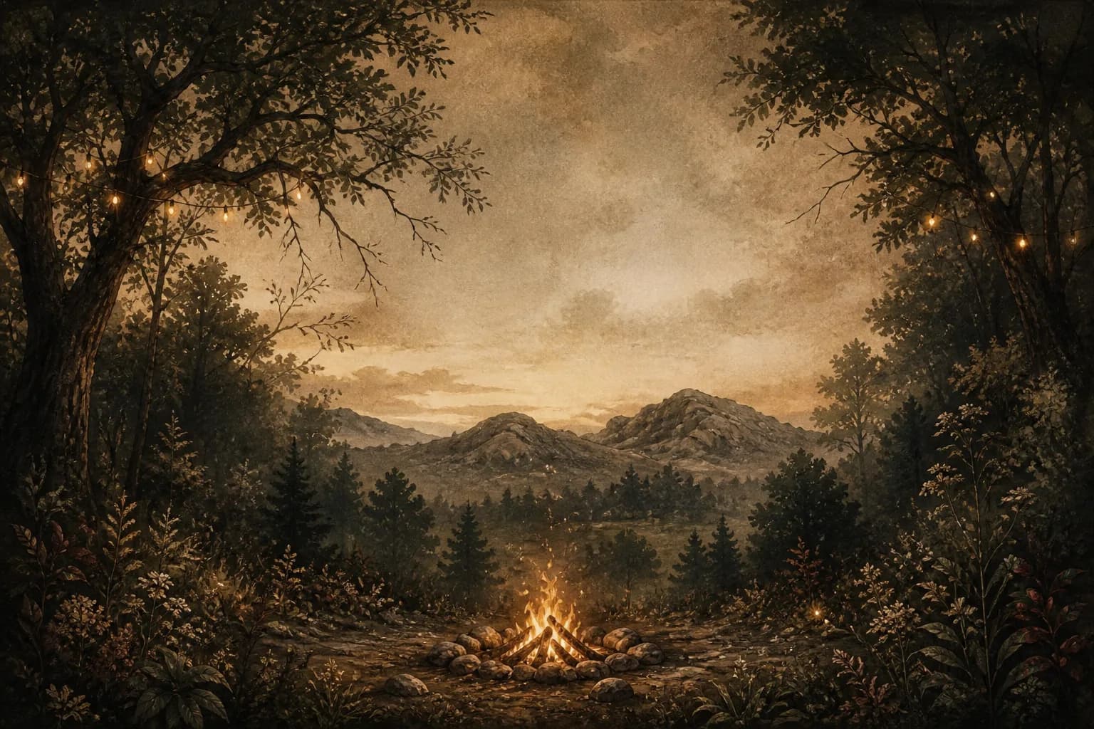 Ilustración de un claro en el bosque, las sierras de Tandil y un fuego encendido al atardecer
